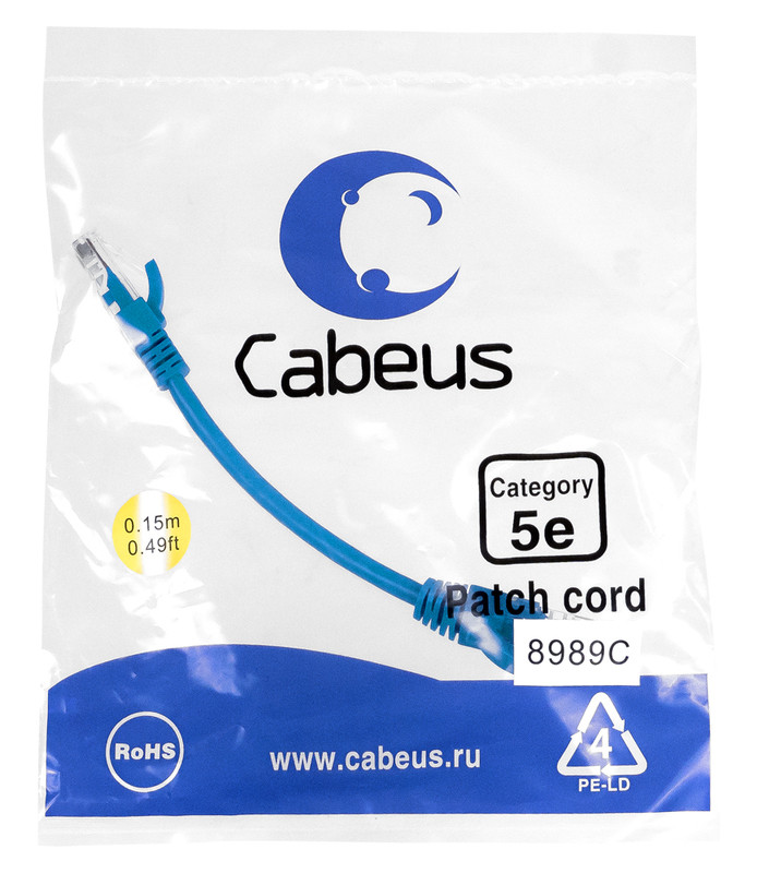 Cabeus PC-UTP-RJ45-Cat.5e-0.15m-BL-LSZH Патч-корд U/UTP, категория 5е, 2xRJ45/8p8c, неэкранированный, синий, LSZH, 0.15м