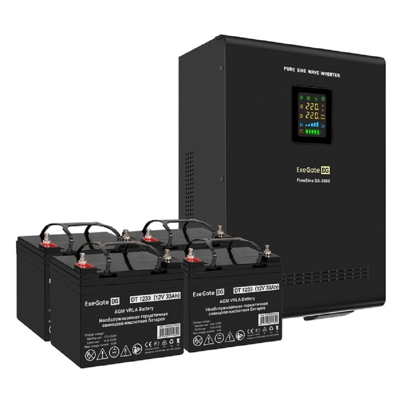 Exegate EX296633RUS Комплект ИБП EX296003RUS + батарея 33Ач EX282974RUS 4шт (инвертор, синус, для котла, настенный) FineSine SX-3000.LCD.AVR.2SH.T <3000VA/2100W, чистая синусоида, цветной LCD-дисплей,