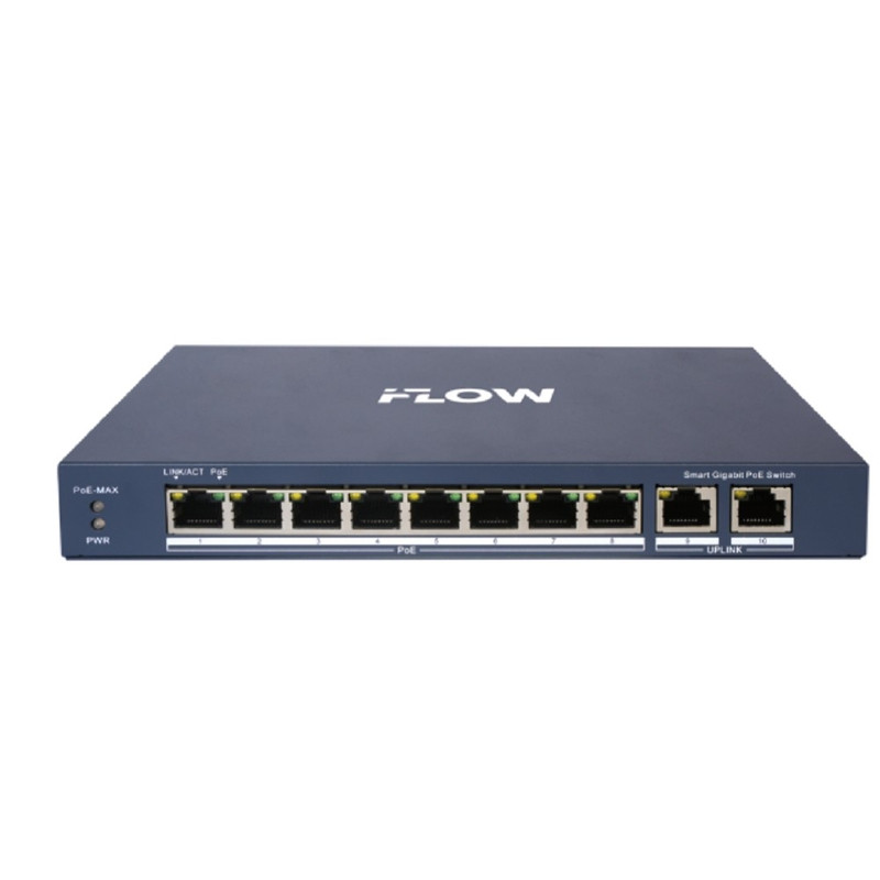 iFLOW F-SW-EM610POE-VM L2, Смарт-управляемый, 8 гигабитных портов RJ45 PoE, 2 uplink порта, поддержка режима передачи до 300м,10Мб/с, CAT6