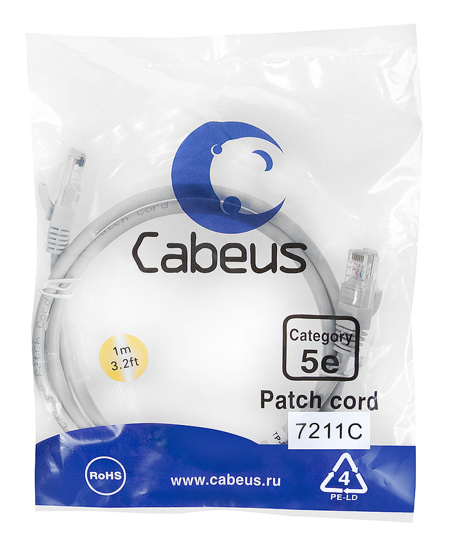 Cabeus PC-UTP-RJ45-Cat.5e-1m Патч-корд U/UTP, категория 5е, 2xRJ45/8p8c, неэкранированный, серый, PVC, 1м