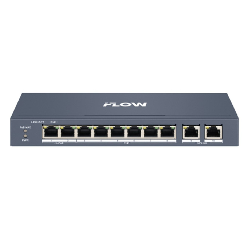 iFLOW F-SW-EM410HPOE-VM L2, Смарт-управляемый, 8 портов, 2 uplink порта 1000М RJ45, 802.3af/at/bt, 2 порта поддерживают HiPoE 90 Вт, бюджет PoE 110 Вт, облачное управление, поддержка режима передачи д