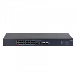 DAHUA DH-CS4218-16ET-190 16-портовый PoE коммутатор L2 с функцией облачного управления, 16xRJ45 100Mb PoE, 2хКомбо SFP/RJ45 1Gb uplink, суммарно 190Вт, коммутация 7.2 Гбит/с, MAC-таблица 8К