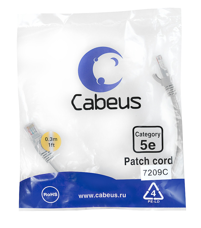 Cabeus PC-UTP-RJ45-Cat.5e-0.3m Патч-корд U/UTP, категория 5е, 2xRJ45/8p8c, неэкранированный, серый, PVC, 0.3м