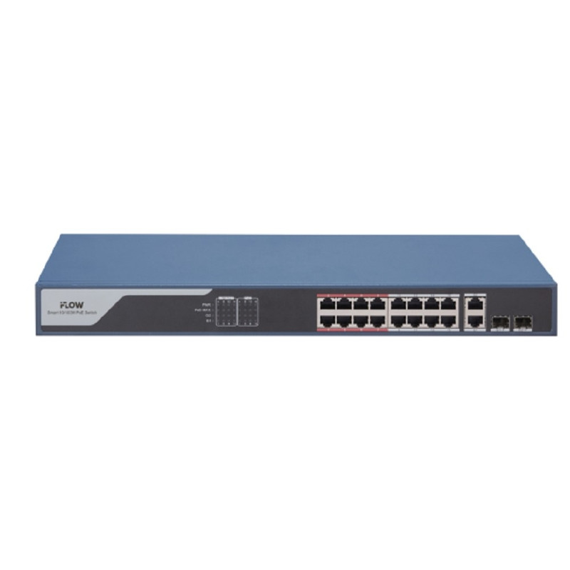 iFLOW F-SW-EM418POE-VM L2, Смарт-управляемый, 16 портов, 1 uplink порт 1000М RJ45 1 гигабитный комбо-порт, 802.3af/at, бюджет питания PoE 230 Вт, поддержка режима передачи до 300м,10Мб/с, CAT6