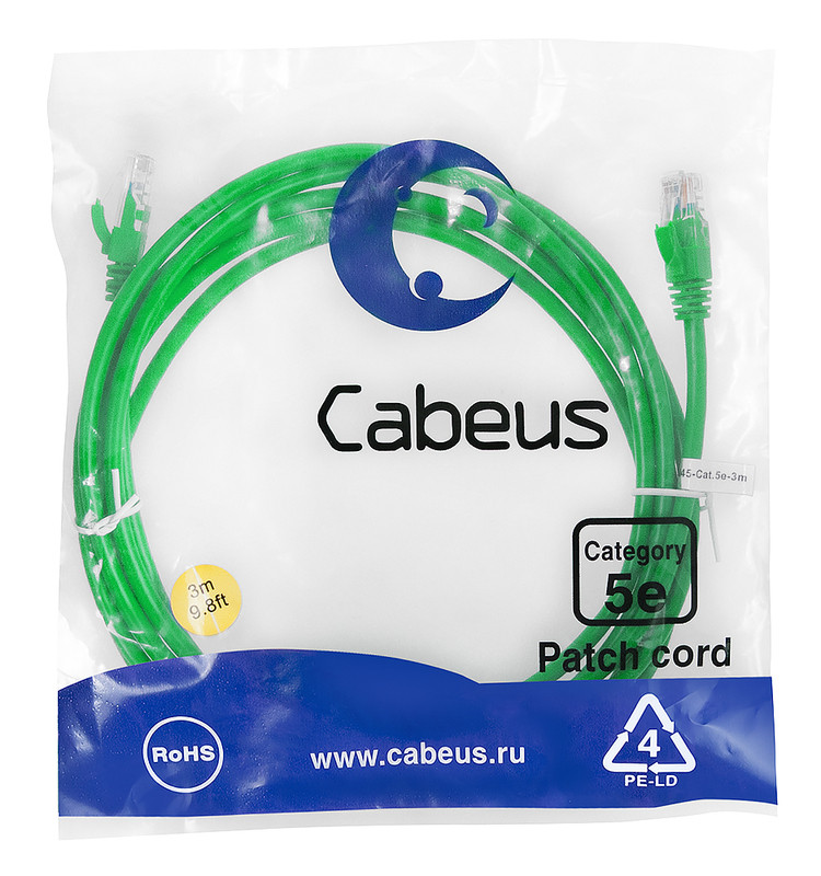 Cabeus PC-UTP-RJ45-Cat.5e-3m-GN-LSZH Патч-корд U/UTP, категория 5е, 2xRJ45/8p8c, неэкранированный, зеленый, LSZH, 3м