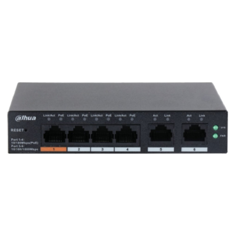 DAHUA DH-CS4006-4ET-60 4-портовый PoE коммутатор с функцией облачного управления, 4xRJ45 100Mb, 2xRJ45 100Mb uplink, суммарно 60Вт, коммутация 4.8 Гбит/с, MAC-таблица 8К