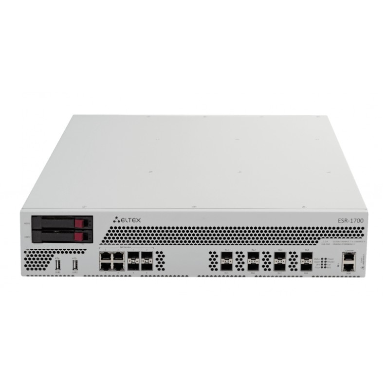ELTEX ESR-1700 Сервисный маршрутизатор 4х combo 10/100/1000BASE-T/1000Base-X, 8х 10GBASE-R SFP+, 2x USB 2.0, 32GB RAM, 1 GB Flash, 2 слота для модулей питания ELTEX ESR-1700 Сервисный маршрутизатор 4х combo 10/100/1000BASE-T/1000Base-X, 8х 10GBASE-R SFP+, 2x USB 2.0, 32GB RAM, 1 GB Flash, 2 слота для модулей питания