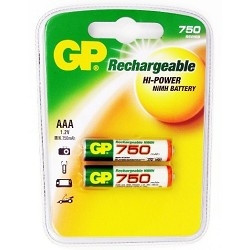 GP Rechargeable NiMH 75AAAHC 750mAh,  2 шт AAA,  750мАч (2 шт. в уп-ке)