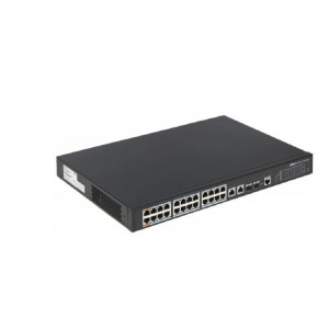 DAHUA DH-PFS4226-24ET-360 26-портовый управляемый коммутатор с РоЕ, уровень L2, 24xRJ45 100Mb PoE, 2хКомбо SFP/RJ45 1Gb uplink, суммарно 360Вт, коммутация 8.8 Гбит/с, MAC-таблица 4К, металл