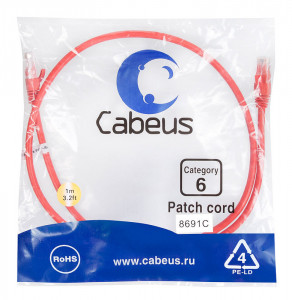 Cabeus PC-UTP-RJ45-Cat.6-1m-RD Патч-корд U/UTP, категория 6, 2xRJ45/8p8c, неэкранированный, красный, PVC, 1м