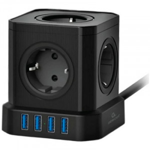 Cablexpert Сетевой фильтр Tower TWR-5-U4-B-3 (Tower 5р, 10А, 4 х USB, 3.1А, 3м, ур.защиты 4+) черный, коробка {22553}