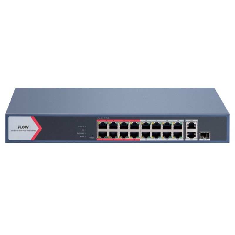 iFLOW F-SW-EM418POE-VM/L L2, Смарт-управляемый, 16 портов, 1 uplink порт 1000М RJ45, 1 гигабитный комбо-порт, 802.3af/at, бюджет питания PoE 130 Вт, поддержка режима передачи до 300м,10Мб/с, CAT6