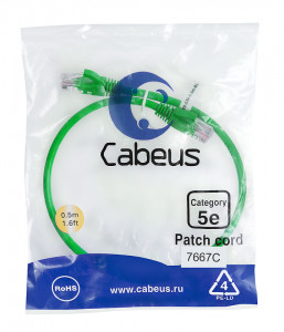 Cabeus PC-UTP-RJ45-Cat.5e-0.5m-GN-LSZH Патч-корд U/UTP, категория 5е, 2xRJ45/8p8c, неэкранированный, зеленый, LSZH, 0.5м