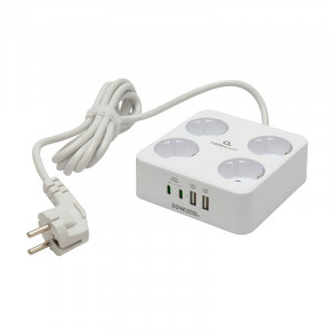 Cablexpert Сетевой фильтр Plate PLT-4-C2U2-W-2 (4р, 10А, 2xType-C PD, 20Вт, 2xUSB, 2м, ур.защиты 4+) белый, коробка {22564}