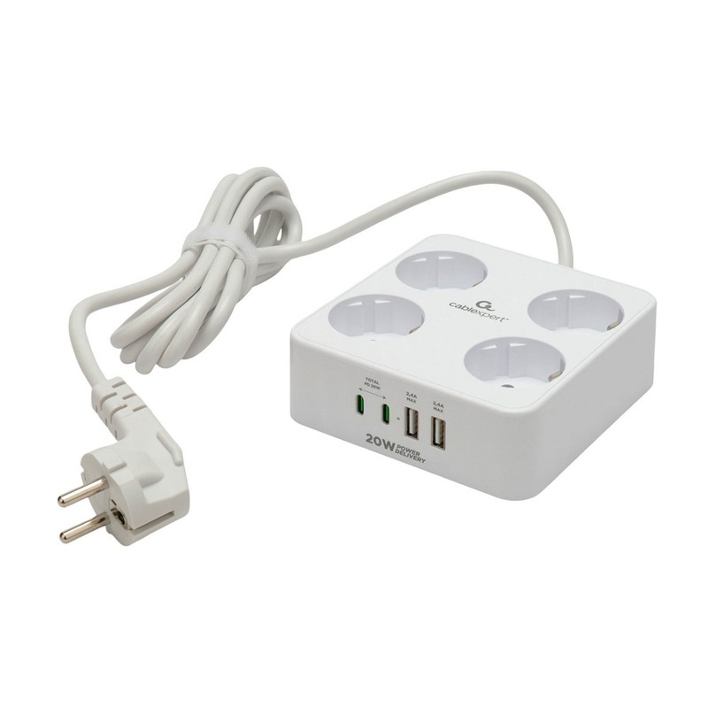 Cablexpert Сетевой фильтр Plate PLT-4-C2U2-W-2 (4р, 10А, 2xType-C PD, 20Вт, 2xUSB, 2м, ур.защиты 4+) белый, коробка {22564}