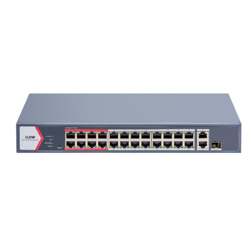 iFLOW F-SW-EM426POE-VM/L L2, Смарт-управляемый, 24 порта, 1 uplink порт 1000М RJ45 1 гигабитный комбо-порт, 802.3af/at, бюджет мощности PoE 230 Вт, поддержка режима передачи до 300м,10Мб/с, CAT6