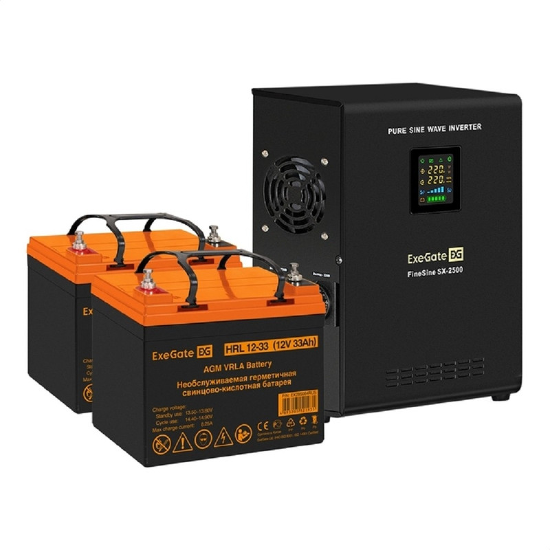 Exegate EX296611RUS Комплект ИБП EX296002RUS + батарея 33Ач EX285664RUS 2шт (инвертор, синус, для котла, настенный) FineSine SX-2500.LCD.AVR.2SH <2500VA/1800W, чистая синусоида, цветной LCD-дисплей, A