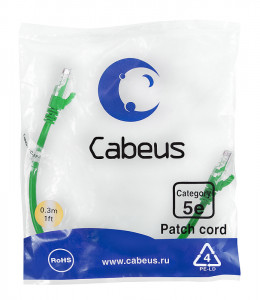 Cabeus PC-UTP-RJ45-Cat.5e-0.3m-GN-LSZH Патч-корд U/UTP, категория 5е, 2xRJ45/8p8c, неэкранированный, зеленый, LSZH, 0.3м