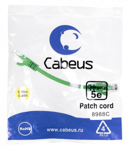Cabeus PC-UTP-RJ45-Cat.5e-0.15m-GN-LSZH Патч-корд U/UTP, категория 5е, 2xRJ45/8p8c, неэкранированный, зеленый, LSZH, 0.15м