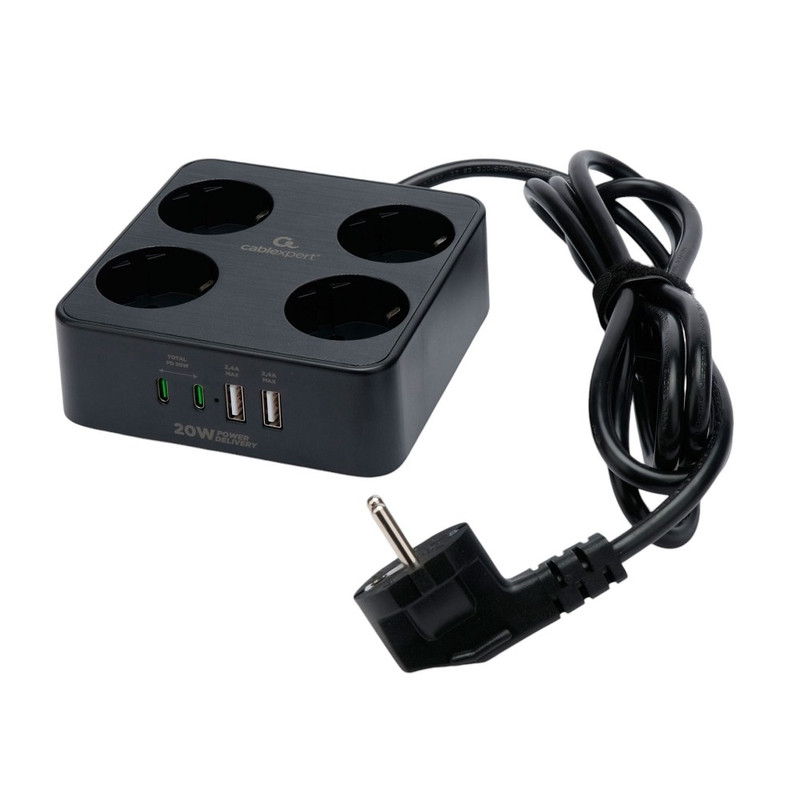 Cablexpert Сетевой фильтр Plate PLT-4-C2U2-B-3 (4р, 10А, 2xType-C PD, 20Вт, 2xUSB, 3м, ур.защиты 4+) черный, коробка {22563}