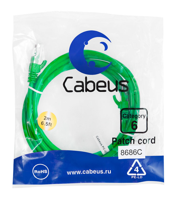 Cabeus PC-UTP-RJ45-Cat.6-2m-GN Патч-корд U/UTP, категория 6, 2xRJ45/8p8c, неэкранированный, зеленый, PVC, 2м