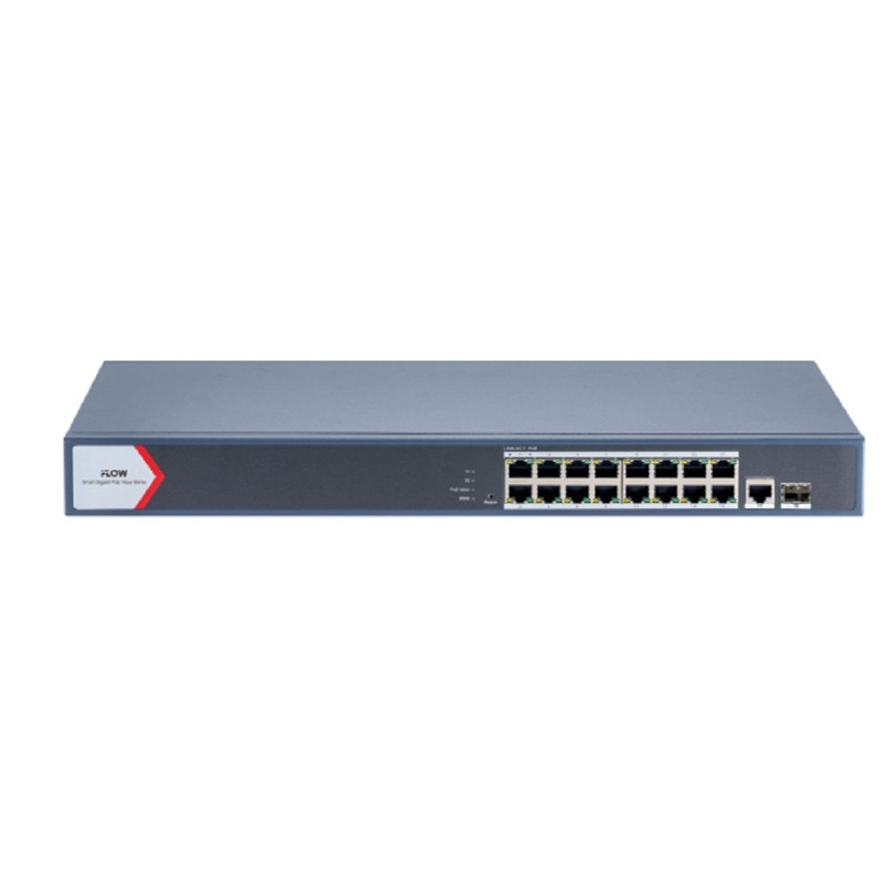 iFLOW F-SW-EM618POE-VM L2, Смарт-управляемый, 16 гигабитных портов RJ45 PoE, 1 uplink порт 1000М RJ45 1 гигабитный порт SFP, 802.3af/at, бюджет PoE 230 Вт, поддержка режима передачи до 300м,10Мб/с, CA