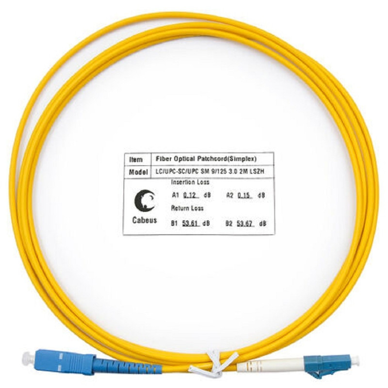 Коммутационный шнур оптический Cabeus Tight Buffer, Simplex SC/LC, OS2 9/125, LSZH, O 3мм, 2м, цвет: жёлтый, (FOP(s)-9-LC-SC-2m)