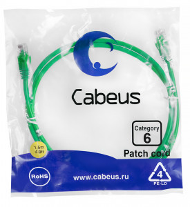 Cabeus PC-UTP-RJ45-Cat.6-1.5m-GN Патч-корд U/UTP, категория 6, 2xRJ45/8p8c, неэкранированный, зеленый, PVC, 1.5м