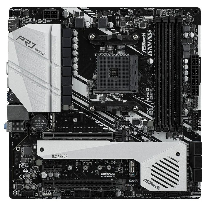 Материнская плата ASRock X570M PRO4 (Socket AM4, AMD X570, 4xDDR4 ц, 7.1CH Realtek ALC1200, 1 , USB3.2, HDMI, DisplayPort, 2 PCIe 4.0 x16, 1 PCIe 4.0 x1, 1 M.2(Key E) For WiFi)