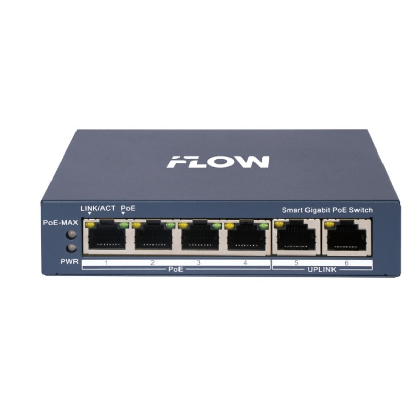 iFLOW F-SW-EM606POE-VM L2, Смарт-управляемый, 4 гигабитных порта RJ45 PoE, 2 uplink порта, поддержка режима передачи до 300м,10Мб/с, CAT6