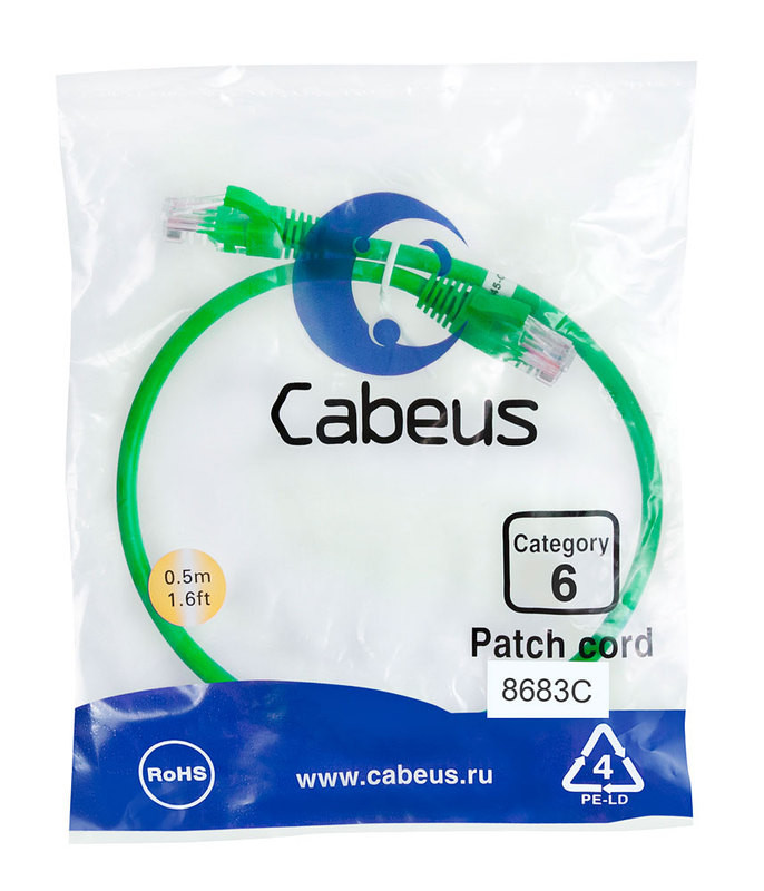 Cabeus PC-UTP-RJ45-Cat.6-0.5m-GN Патч-корд U/UTP, категория 6, 2xRJ45/8p8c, неэкранированный, зеленый, PVC, 0.5м