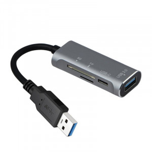 ORIENT JK-328, USB 3.0 (USB 3.1 Gen1)/USB 2.0 HUB 2 порта: 1xUSB3.0 + 1xUSB2.0 Type-C, SD/microSD CardReader, USB штекер тип А, алюминиевый корпус, серебристый (31238)