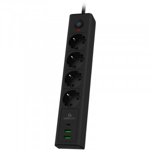 Cablexpert Сетевой фильтр Exnovo EXN-4-CU2-B-2 (4р, 16А, 1xType-C PD, 30Вт, 2 х USB, 2м, ур.защиты 4+) черный, коробка {22561}