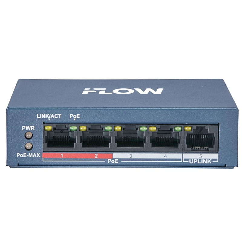 iFLOW F-SW-EU205POE-V/L L2, неуправляемый, 4 порта, 1 uplink порт 10/100M RJ45, 802.3af/at, бюджет PoE 35 Вт, поддержка режима передачи до 300м,10Мб/с, CAT6; защита от перенапряжения 6 кВ