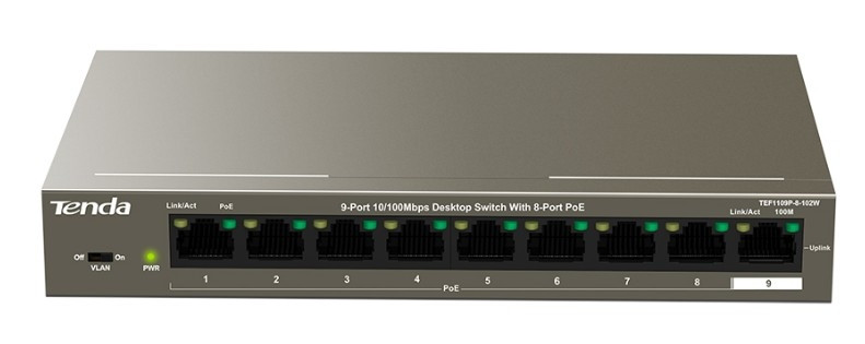 TENDA TEF1109P-8-102W Коммутатор настольный 9-Ports 10/100 Base-TX 8-Ports PoE(PoE бюджет 92W)