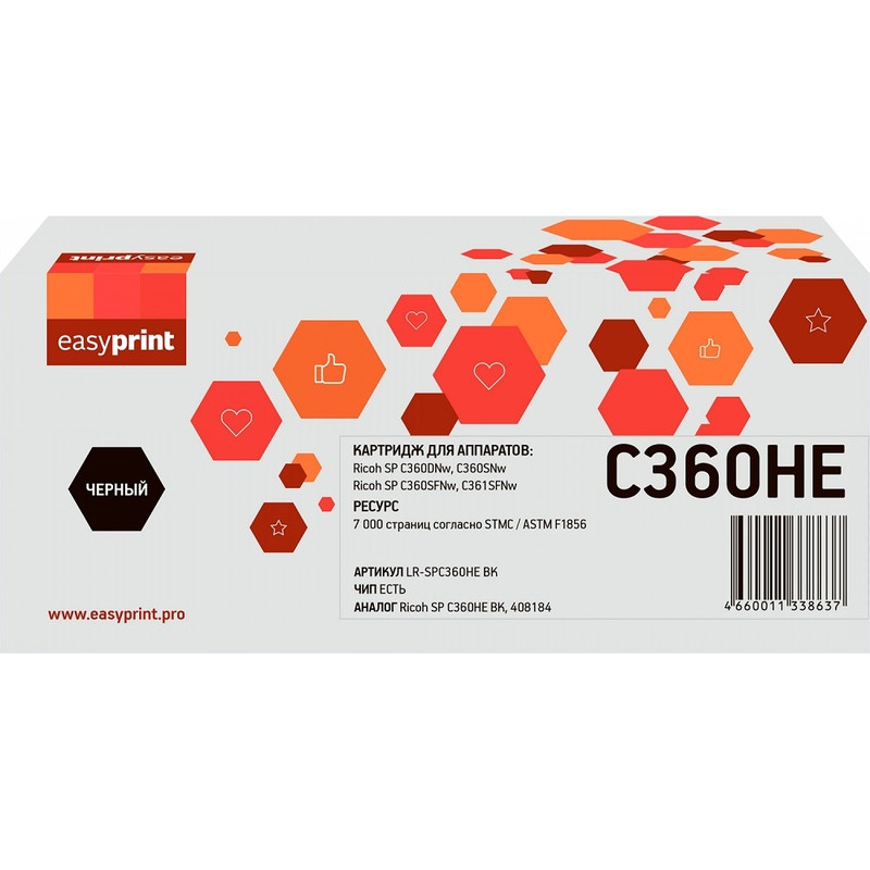             Тонер-картридж EasyPrint LR-SPC360H BK для Ricoh SP C360DNw/C360SNw/C360SFNw/C361SFNw (7000 стр.) черный, с чипом, 408184