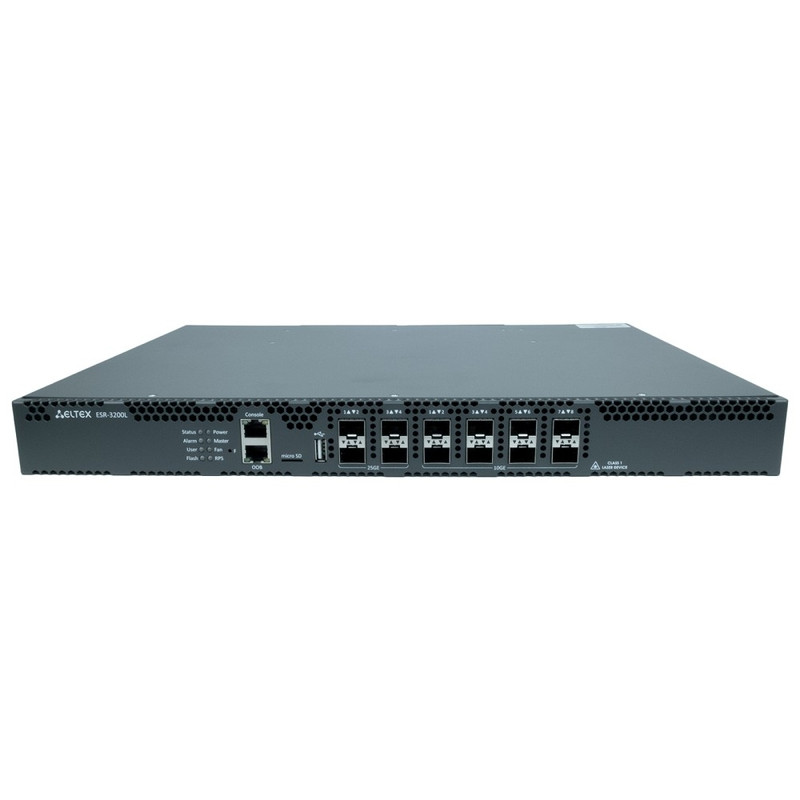 ELTEX ESR-3200L Сервисный маршрутизатор 8xEthernet 1000BASE-X/10GBASE-R, 4xEthernet 1000BASE-X/10GBASE-R/25GBASE-R, 16GB RAM, 1 слот для SD-карт, 2 слота для модулей питания