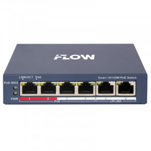 iFLOW F-SW-EM206POE-VM L2, Смарт-управляемый, 4 порта, 2 uplink порта 10/100M RJ45, 802.3af/at, бюджет PoE 60 Вт, облачное управление, VLAN, STP/RSTP loop prefention, PoE watchdog, поддержка режима пе