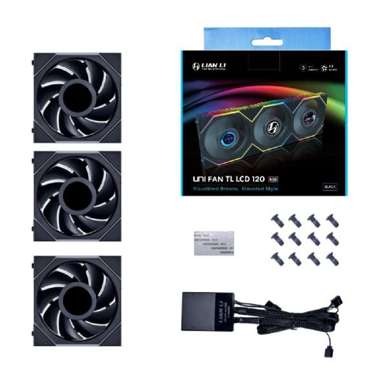Lian Li G99.12TLLCD3B.R0 Комплект вентиляторов (3шт.) UNI FAN TL LCD 120 Black /12TLLCD3B/ 120х125х28мм (1.6” LCD дисплей, PWM, ARGB, 200-1900 об/мин, 27dBa) 