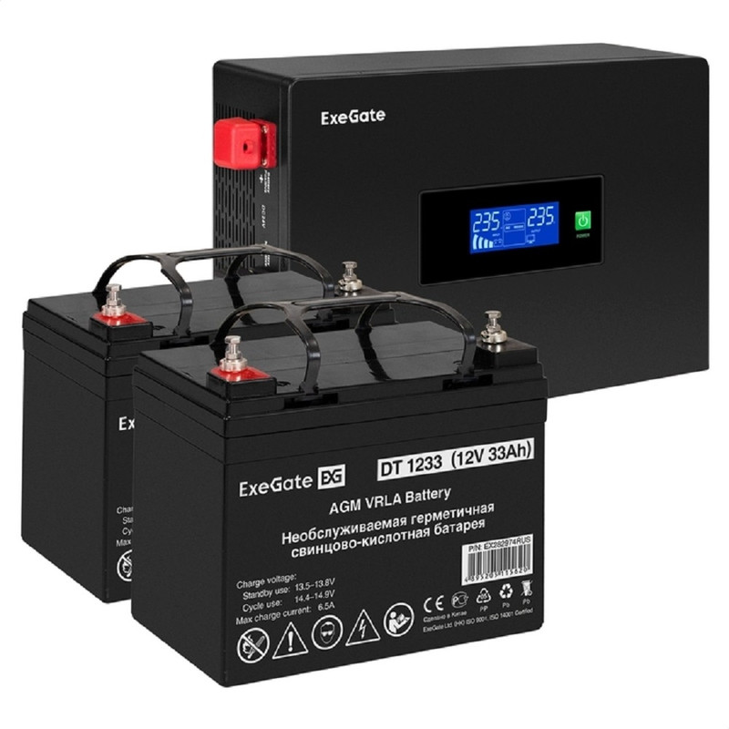 Exegate EX297428RUS Комплект ИБП EX295994RUS + батарея 33Ач EX282974RUS 2шт (инвертор, синус, для котла, PF=1, настенный) ExeGate IdealSine SR-1500.LCD.2SH <1500VA/1500W, чистая синусоида, цветной LCD