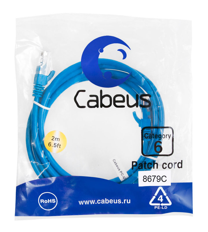 Cabeus PC-UTP-RJ45-Cat.6-2m-BL Патч-корд U/UTP, категория 6, 2xRJ45/8p8c, неэкранированный, синий, PVC, 2м