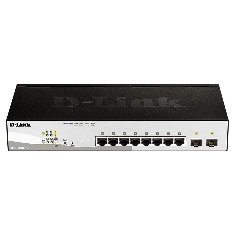 D-Link DGS-1210-10P/FL1A Управляемый коммутатор 2 уровня с 8 портами 10/100/1000Base-T и 2 портами 1000Base-X SFP (8 портов с поддержкой PoE 802.3af/802.3at (30 Вт), PoE бюджет 65 Вт)