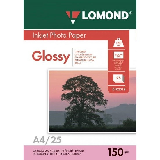 Фотобумага LOMOND Односторонняя Глянцевая, 150г/м2, A4 (21X29,7см) 25л. для струйной печати. 0102043