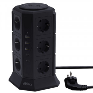RITMIX RM-2123C Black Сетевой фильтр с кнопкой питания {16А, 12 розеток, 2 USB Type-C,3 USB А (5 В, 2,4 А), 2 м } {80003367}
