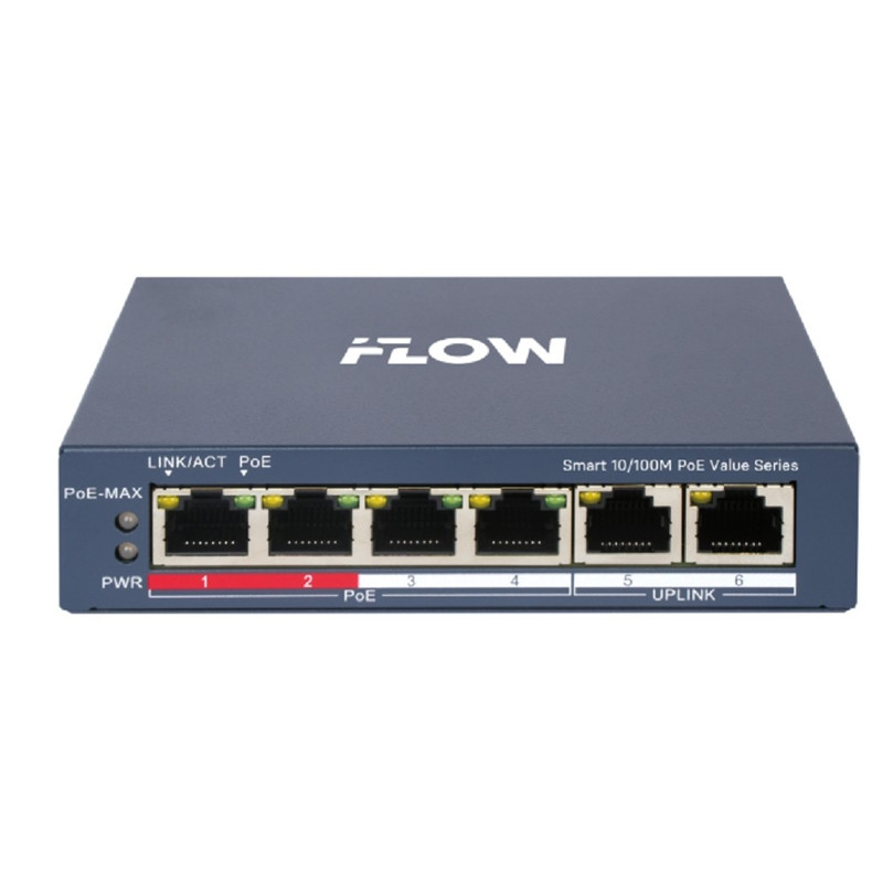 iFLOW F-SW-EM206POE-VM/L L2, Смарт-управляемый, 4 порта, 2 uplink порта 10/100M RJ45, 802.3af/at, бюджет PoE 45 Вт,CAT6; защита от перенапряжения 6 кВ; настольный/настенный монтаж