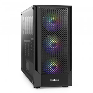 Exegate EX296353RUS Корпус Miditower ExeGate EVO-8227-NPX600 (ATX, БП 600NPX с вент. 12см, 2*USB+1*USB3.0+HD Audio, черный, 3 вент. с RGB подсветкой, боковая панель - закаленное стекло)