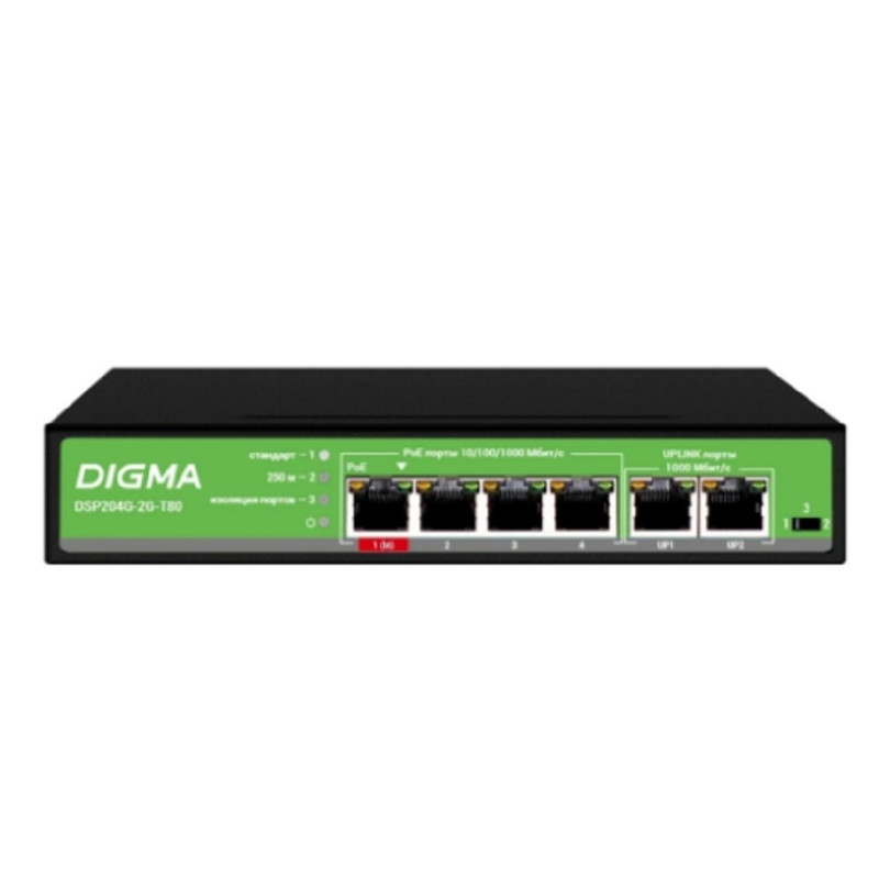 Digma DSP204G-2G-T80 Коммутатор (L2) 6х1Гбит/с 4PoE 4PoE+ 1PoE++ 80W неуправляемый Digma DSP204G-2G-T80 Коммутатор (L2) 6х1Гбит/с 4PoE 4PoE+ 1PoE++ 80W неуправляемый