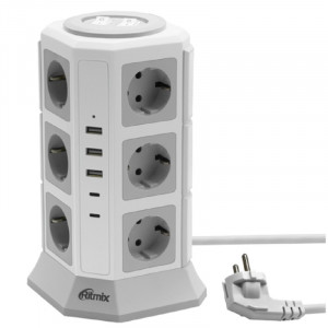 RITMIX RM-2123C White Сетевой фильтр с кнопкой питания {16А, 12 розеток, 2 USB Type-C,3 USB А (5 В, 2,4 А), 2 м } {80003366}