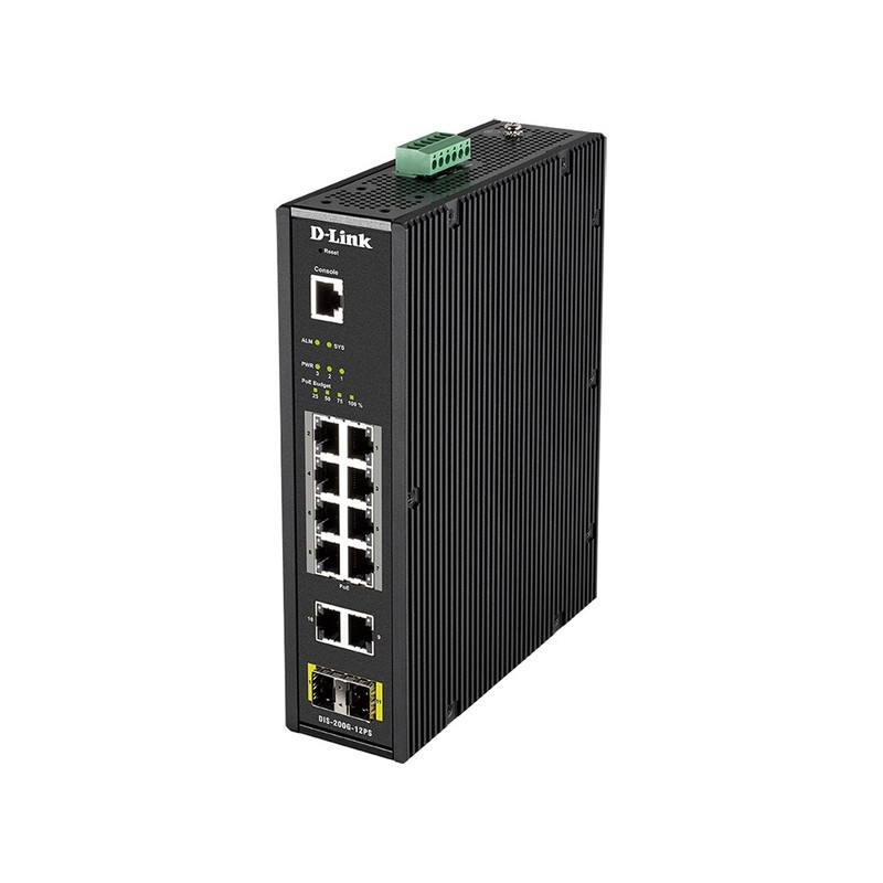 D-Link DIS-200G-12PS/A2A Промышленный управляемый коммутатор 2 уровня с 10 портами 10/100/1000Base-T и 2 портами 1000Base-X SFP (8 портов с поддержкой PoE 802.3af/802.3at (30 Вт), PoE-бюджет до 240Вт)