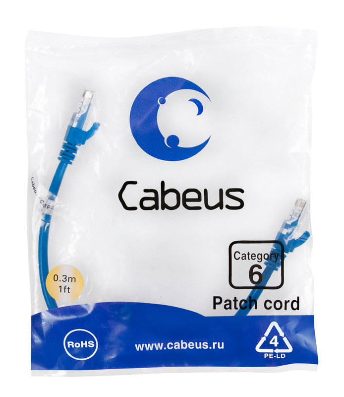 Cabeus PC-UTP-RJ45-Cat.6-0.3m-BL Патч-корд U/UTP, категория 6, 2xRJ45/8p8c, неэкранированный, синий, PVC, 0.3м